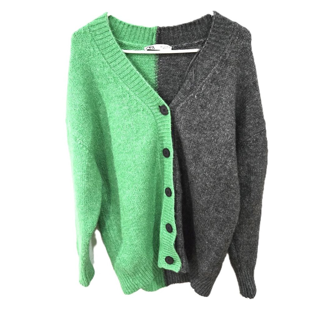 Zara Sz Small Womens Green Gray Contrasted Knit Cardigan Sweater